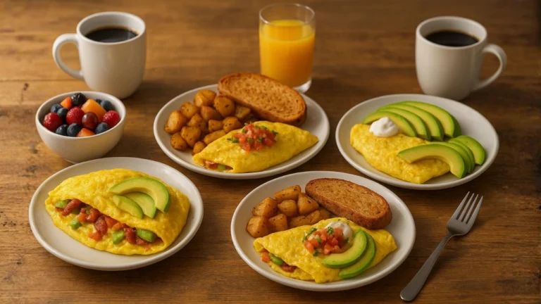 A dining table displaying customization options four plates of Bacado Omelet First Watch, highlighting fresh ingredients and presentation.