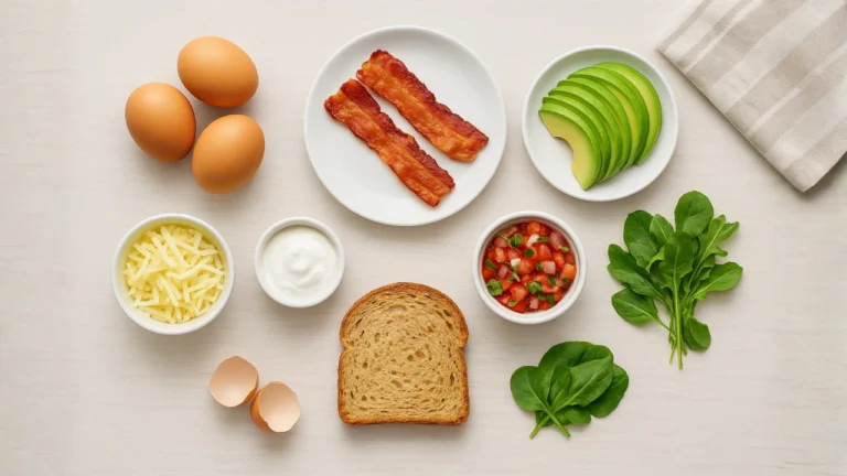 Ingredients for a breakfast sandwich featuring the Bacado Omelet First Watch, including eggs, avocado, and cheese.