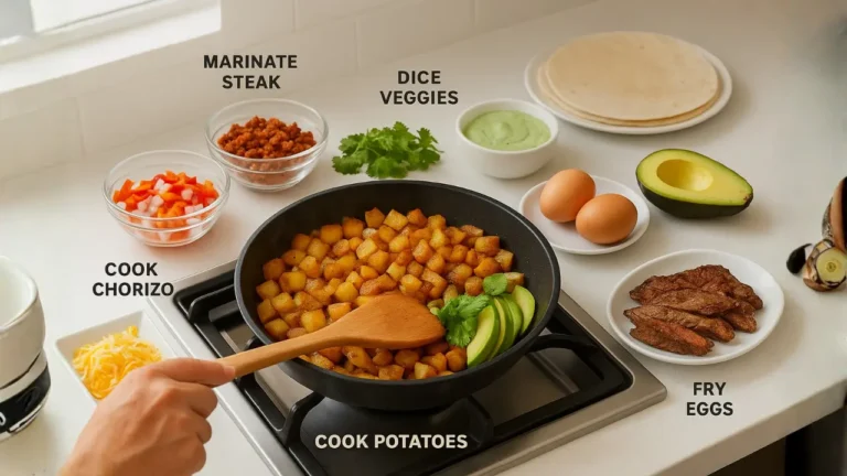 A person cooks beans, eggs, and other ingredients in a pan, preparing a Carne Asada Hash dish First Watch.