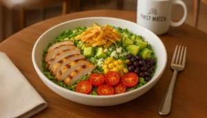 A vibrant salad bowl containing chicken, ripe tomatoes, and creamy first watch avocado toast, showcasing a nutritious meal option.