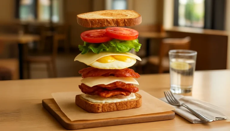 A hearty first Watch BLTE sandwich with layers of bacon, eggs, tomatoes, and cheese, arranged on a wooden board and give the information what's inside it.