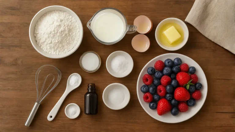 Ingredients for strawberry shortcake displayed, highlighting strawberries, whipped cream, and a First Watch Belgian waffle.