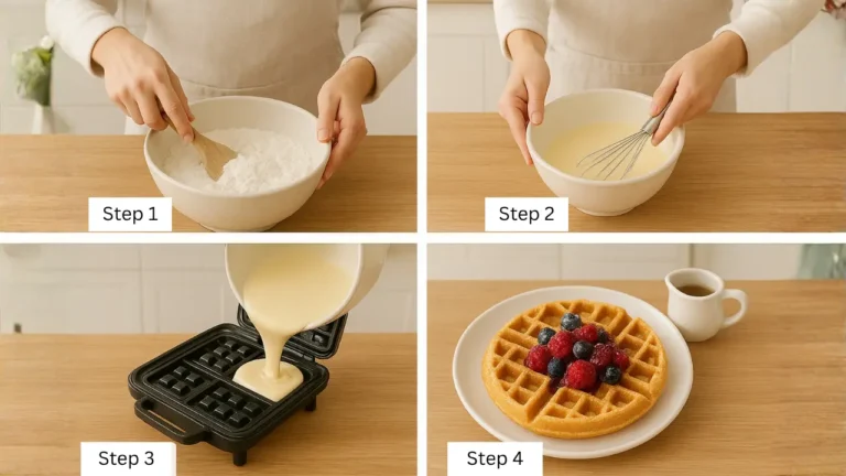 Four-step guide to making a First Watch Belgian Waffle, showcasing ingredients, mixing, cooking, and serving.