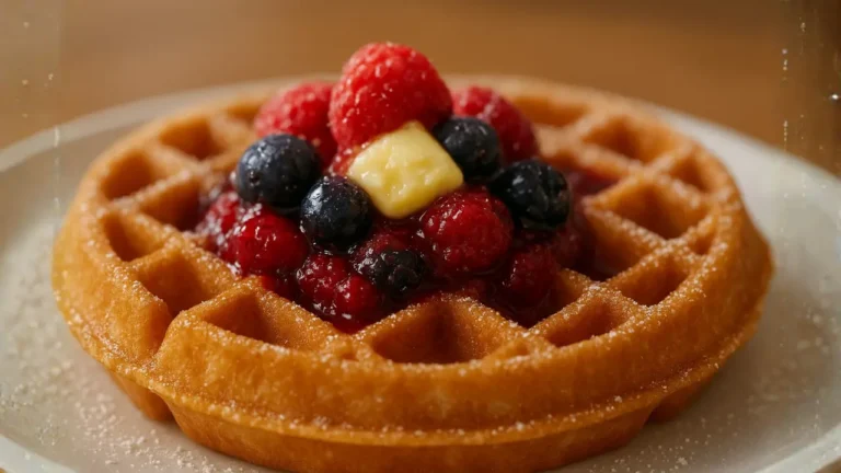 First Watch Belgian waffle adorned with berries and drizzled with syrup.