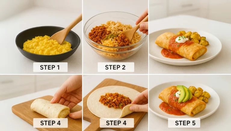 Step-by-step photos illustrating the First Watch Chickichanga burrito recipe preparation process