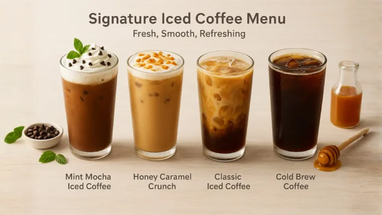 A First Watch Coffee menu displaying various signature iced coffee options with descriptions and prices.