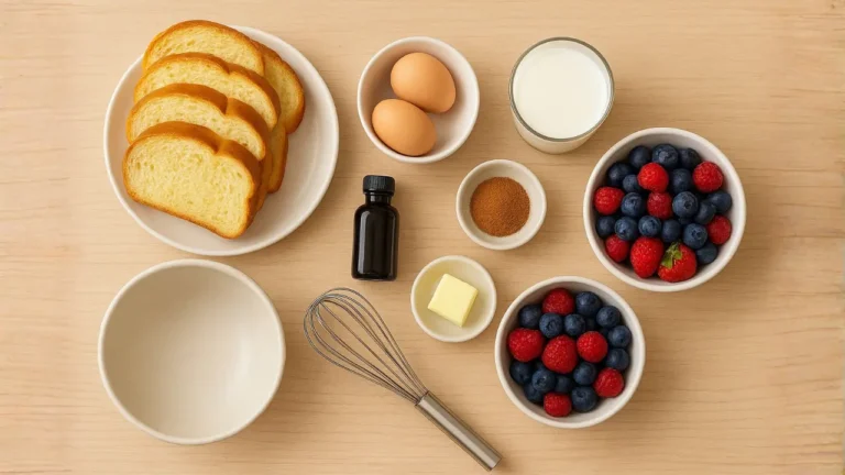 A collection of ingredients for homemade First Watch French Toast, bread, including flour, yeast, salt, and water, arranged on a wooden surface.