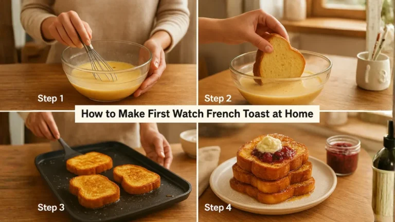 Step-by-step guide on making First Watch French Toast at home, featuring ingredients and cooking instructions.