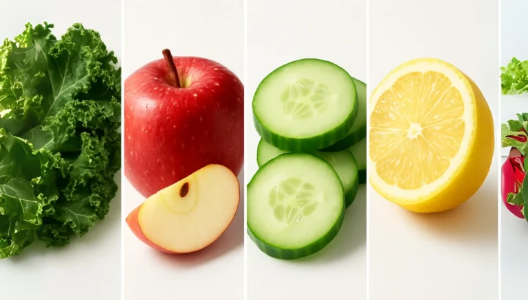 A vibrant collage of fresh ingredients of first watch kale tonic drink: kale, a red apple with a slice, cucumber slices, a lemon half, and radishes with leafy greens, on a white background.