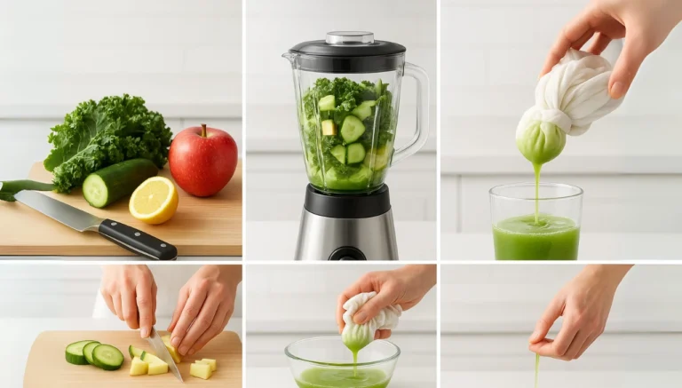 A collage shows smoothie-making steps of first watch kale tonic: kale, cucumber, apple, and lemon on a board; ingredients blended; juice squeezed into a glass; hands chopping. Fresh, healthy vibe.