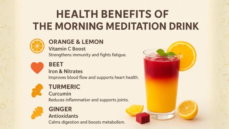 Infographic on the health benefits of a First Watch morning meditation drink, suggesting viewers begin by watching "Morning Meditation."