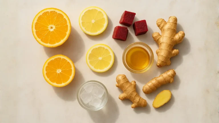 A white marble countertop displays oranges, ginger, and various ingredients, inviting a fresh cooking First Watch Morning Meditation experience.
