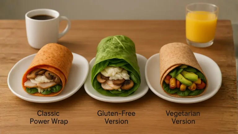 Three distinct First watch power wraps arranged on white plates with a cup of coffee, presenting a delightful and diverse meal option.