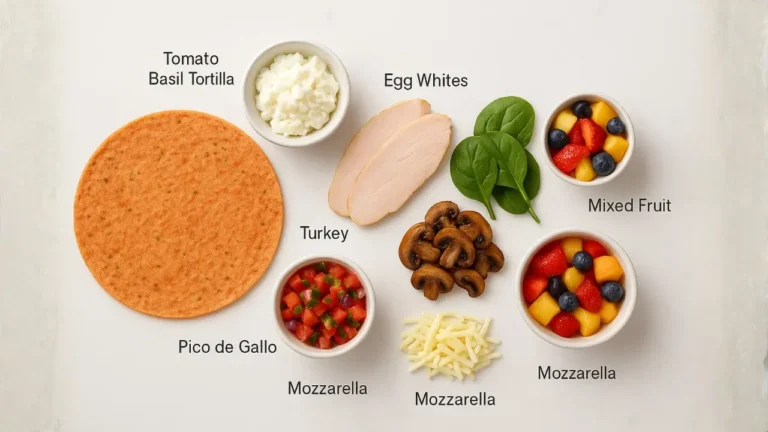 Bowls filled with first watch power wrap ingredients like cheese, sauce, and toppings, arranged for easy access during cooking.