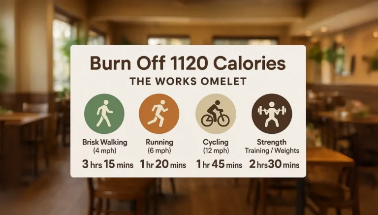 Infographic titled 'Burn Off 1120 Calories: The Works Omelet first watch. Shows exercise icons: brisk walking, running, cycling, and strength training with corresponding times.
