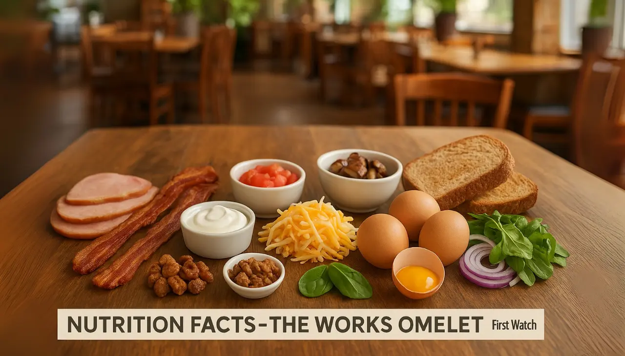 Ingredients for The Works Omelet first watch displayed on a wooden table: ham, bacon, sour cream, chickpeas, cheese, eggs, tomato, mushrooms, spinach, onion, and wheat toast. Cozy restaurant setting in the background.