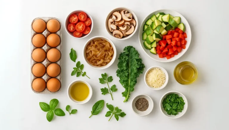 A variety of fresh ingredients for a healthy first watch Frittata Rustica breakfast, including fruits, nuts, and whole grains arranged on a table