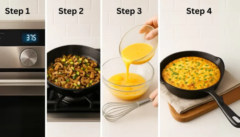 Step-by-step guide for cooking first watch Frittata Rustica in a skillet, featuring clear instructions and visuals for each stage of the process.