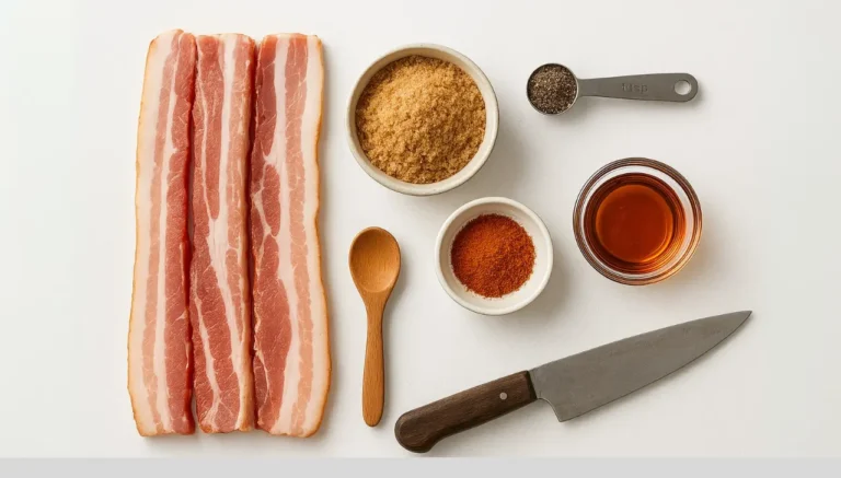 Ingredients for Million Dollar Bacon first watch crispy bacon, spices, and a knife on a wooden cutting board.