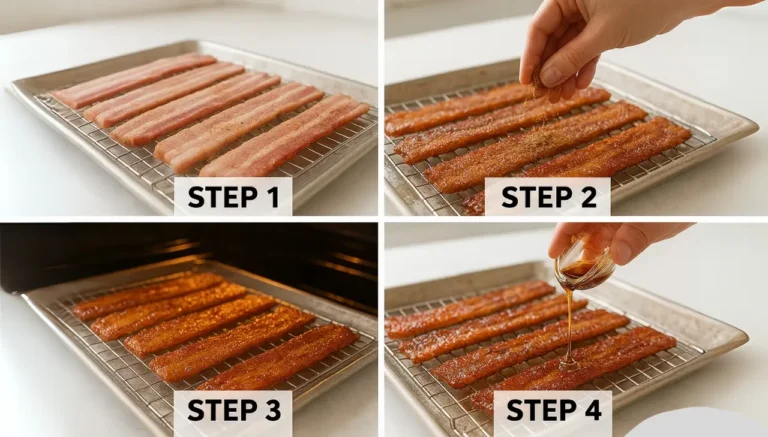 Visual guide showing each step to prepare Million Dollar Bacon, inspired by First Watch's popular recipe.