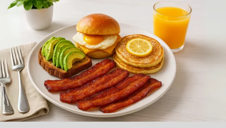 A plate featuring Million Dollar Bacon first watch pair with eggs, and sliced avocado, arranged appetizingly for breakfast.