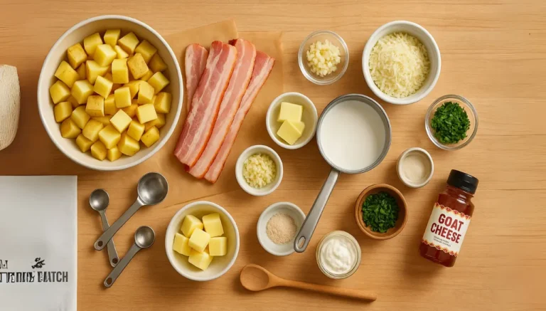 A table displays the ingredients for a Million dollar potatoes first watch and slices of ham, cheese, and various condiments.
