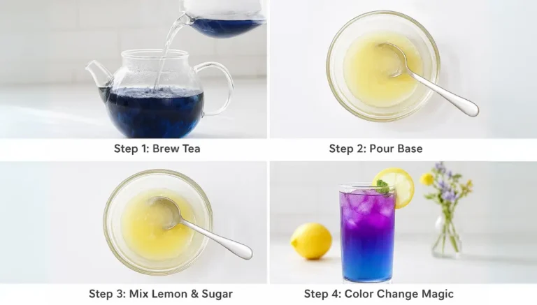 A four-step guide shows brewing blue butterfly pea tea, lemon base in a bowl, mixing lemon and sugar, and a vibrant purple haze drink first watch with a lemon garnish.