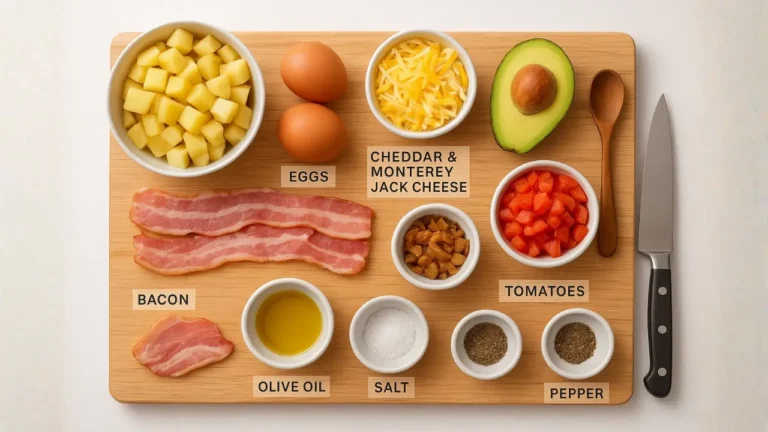 Ingredients for a breakfast sandwich displayed on a cutting board, featuring items from Skillet Hash Farmhouse First Watch.