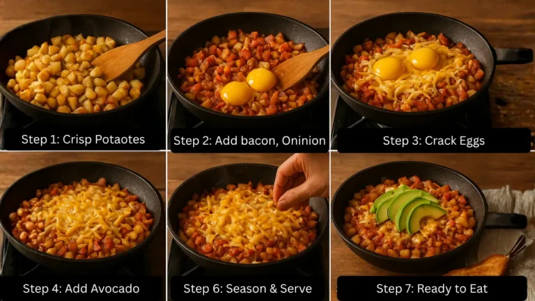 Step-by-step images illustrating the preparation of a taco salad, inspired by Skillet Hash Farmhouse First Watch.
