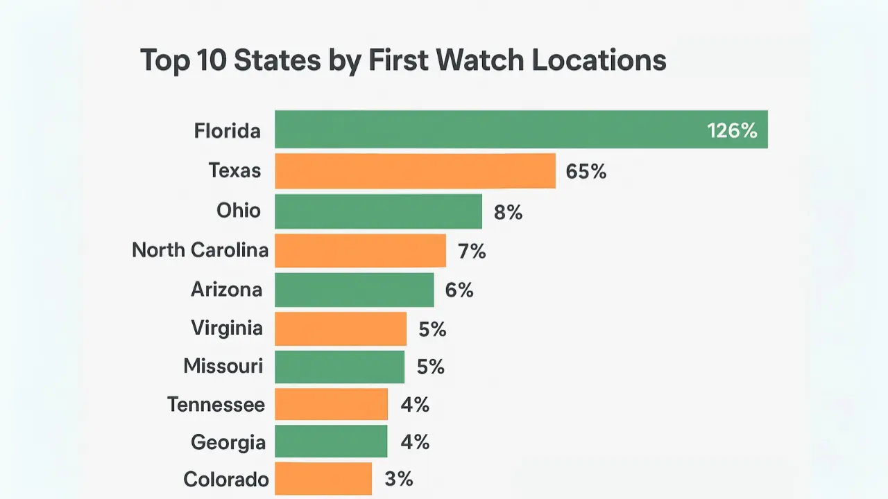 Map showing the top 10 U.S. states with the most First Watch locations in 2026