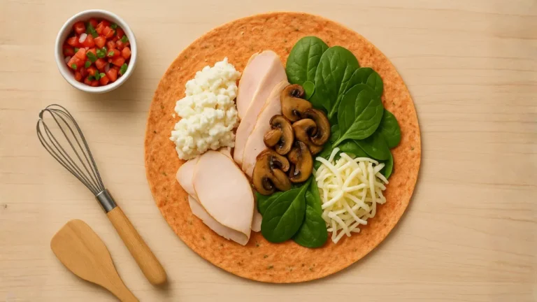 A First watch power wrap featuring a tortilla loaded with meat, cheese, and spinach, highlighting a tasty meal option.