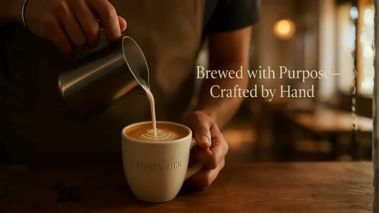 A man pouring coffee into a cup, with the text "brewed with purpose" displayed prominently nearby.