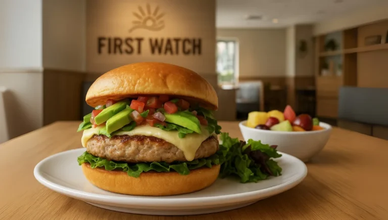 A plate featuring Baja Turkey Burger with cheese, fresh lettuce, and slices of avocado.