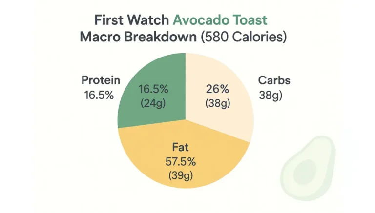 Pie chart illustrating the macro breakdown of first watch avocado toast from the first watch, highlighting key nutritional components.