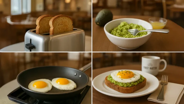 The recipe of first watch avocado toast an assortment of food images on a table, featuring different meals and colorful ingredients.