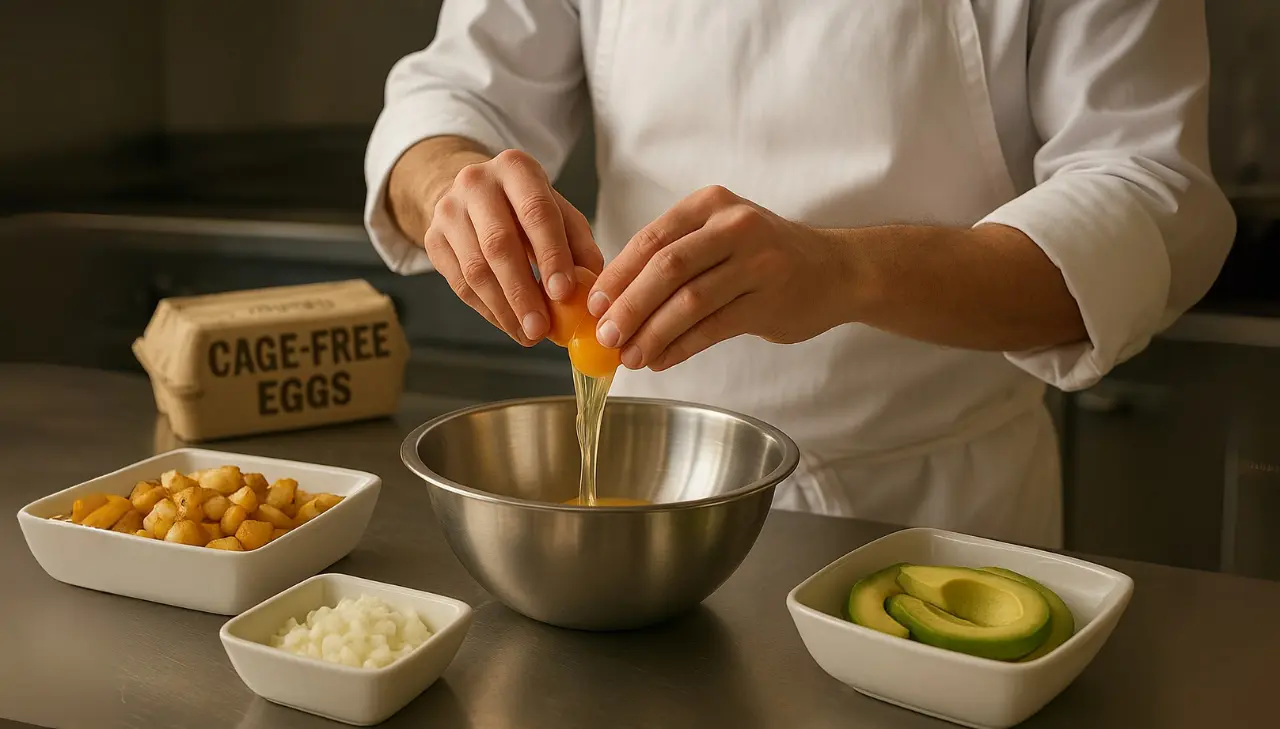 A chef skillfully prepares ingredients in a bowl while focusing on the first watch breakfast menu.