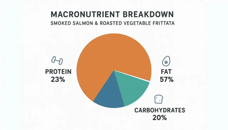 Pie chart titled "Macronutrient Breakdown" for smoked salmon and roasted vegetable frittata. Fat 57%, protein 23%, carbohydrates 20%.