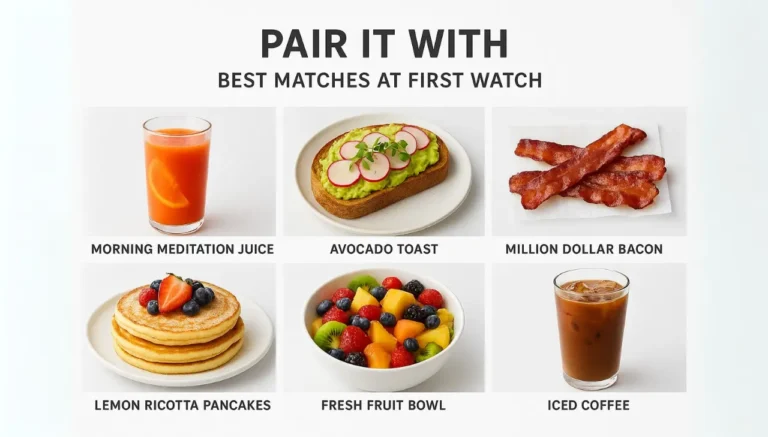 First Watch Smoked Salmon Frittata breakfast pairings include a vibrant juice, avocado toast, crispy bacon, lemon ricotta pancakes, a fresh fruit bowl, and a refreshing iced coffee.