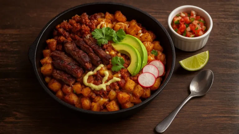 A plate of Carne Asada Hash featuring beans, meat, and avocado, showcasing a vibrant Mexican food presentation.