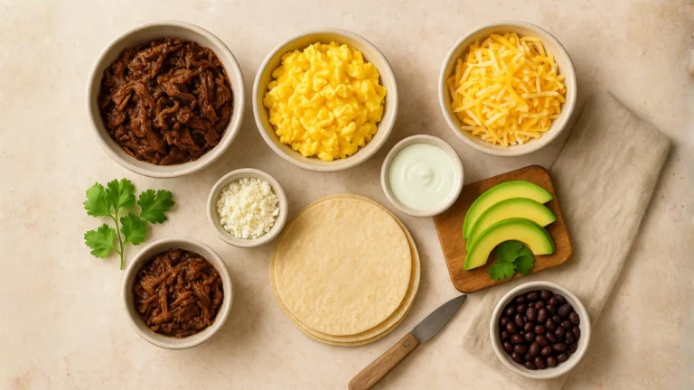 A table set with ingredients for First Watch Breakfast Tacos, featuring tortillas, eggs, cheese, and fresh toppings.