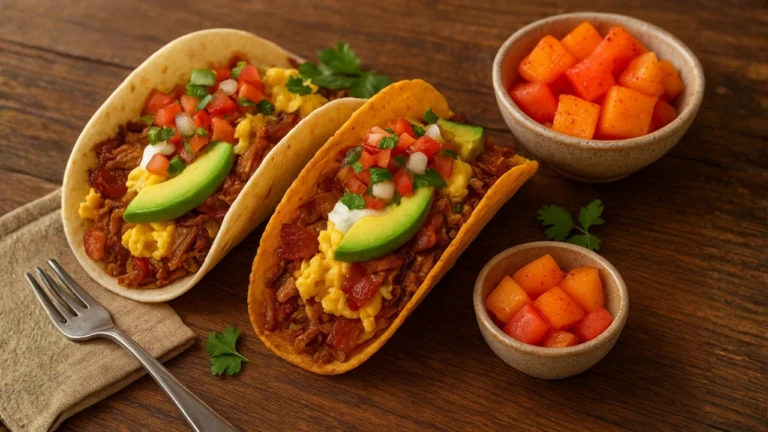 Two First Watch breakfast tacos filled with meat, cheese, and fresh vegetables on a white plate.