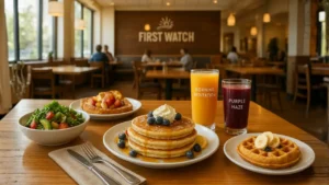A table set with plates of pancakes, fresh fruit, and juice, showcasing the First Watch Brunch Menu.