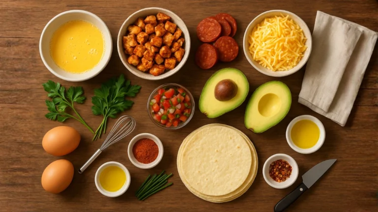 A variety of ingredients for taco salad are set on a table, ready for assembling First Watch Breakfast Tacos.