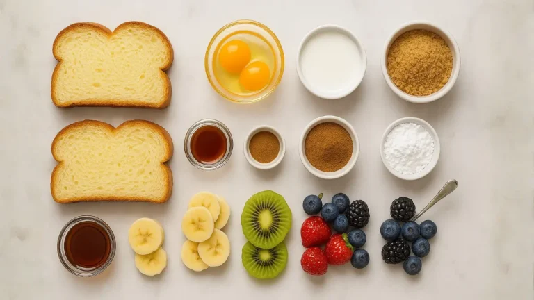 Ingredients for banana bread displayed, including ripe bananas, flour, sugar, and eggs, alongside First Watch Floridian French Toast.