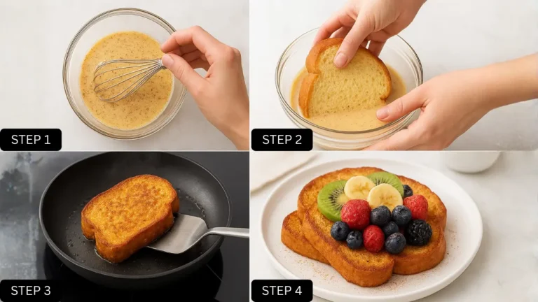 Four-step guide to making First Watch Floridian French Toast, showcasing ingredients and cooking process.
