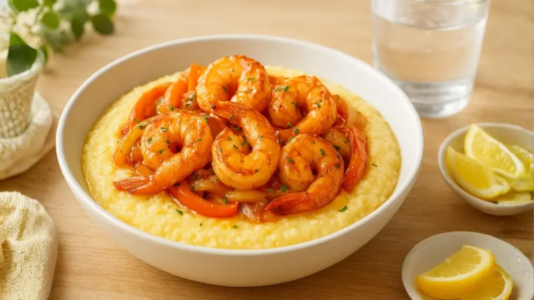 A serving of First Watch shrimp and grits, accompanied by fresh lemon wedges for added flavor.