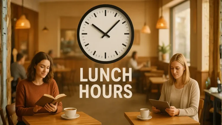 Two women seated at a table, discussing the First Watch Lunch Menu, with a clock visible on the wall behind them.