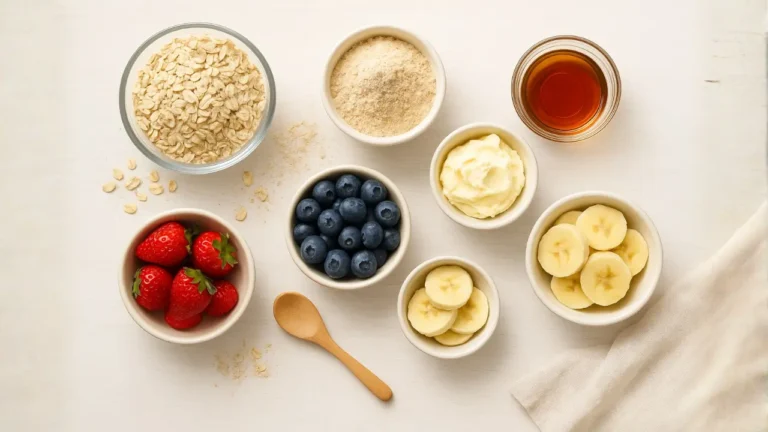 Bowls of oatmeal topped with fresh berries, banana slices, and drizzled honey, served with First Watch Multigrain Pancake.