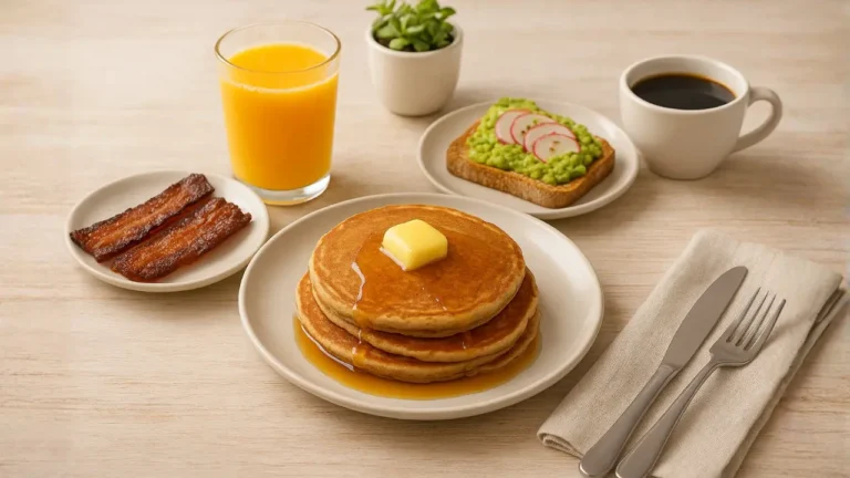 A table set with a plate of First Watch multigrain pancakes, crispy bacon, eggs, and a glass of orange juice.