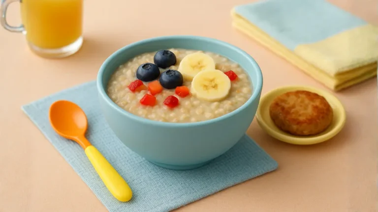 A bowl of First Watch oatmeal for kids topped with fresh fruit and accompanied by a spoon.